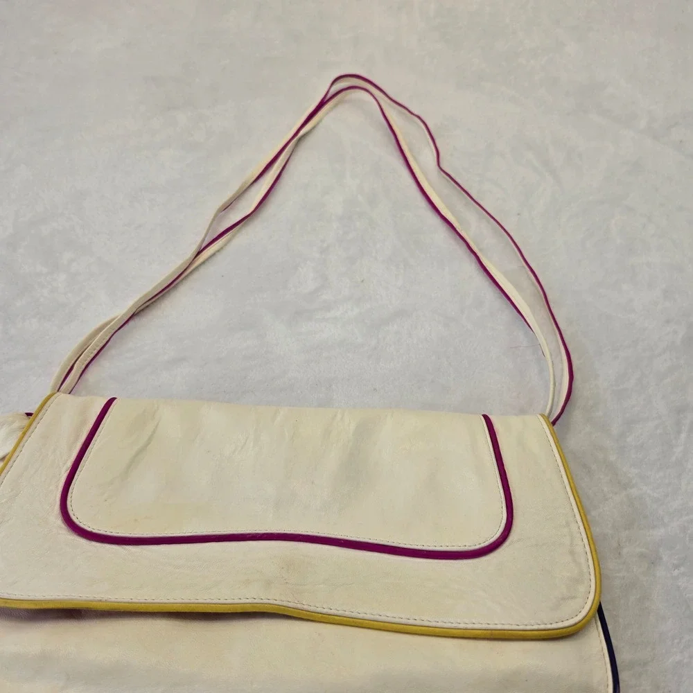Kooba Leather Oversized Clutch Bag Cream with Multicolor Piping Wristlet Strap